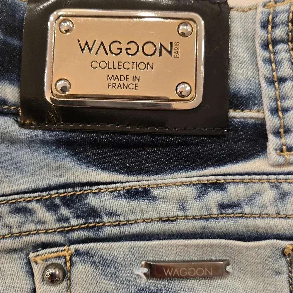 Waggon Paris Abstract Art Low Rise Stretch Straight Leg Jeans Blue Size 29 - Picture 3 of 12